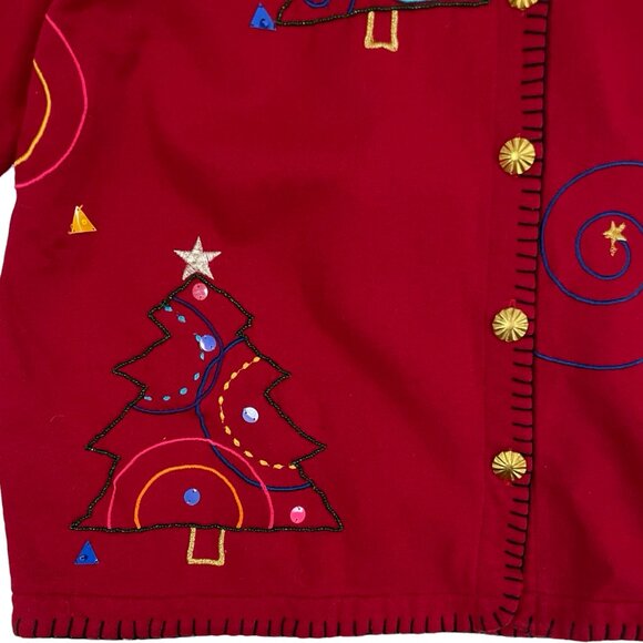 Vintage Holiday Cotton Jacket Button Front Christmas Tree Embellished Size P XL - Picture 4 of 5